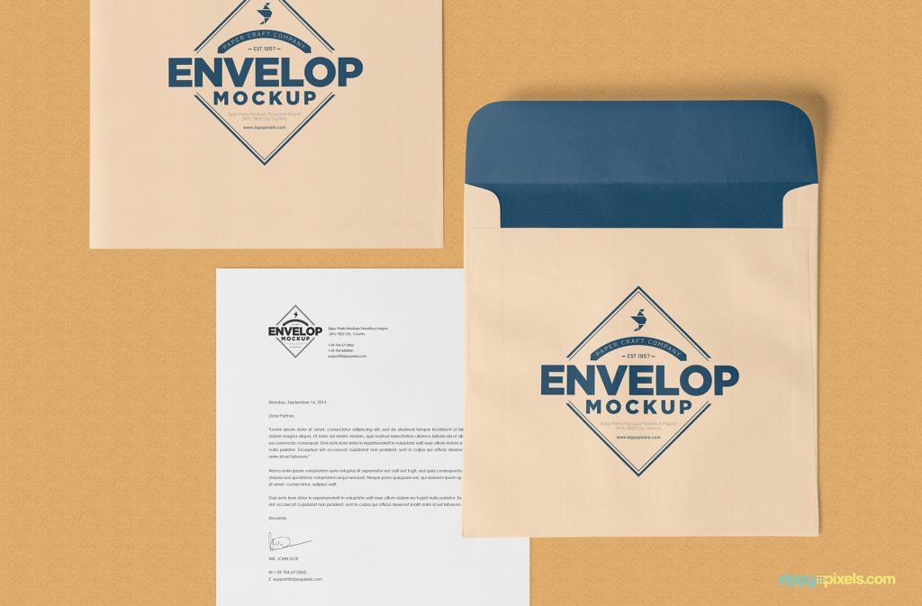 Unique Squared Shaped Envelope + Letterhead PSD Mockup